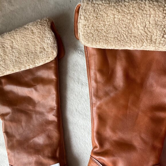 Tan Leather Combat Boots with Shearling Cuff - Picture 14 of 15